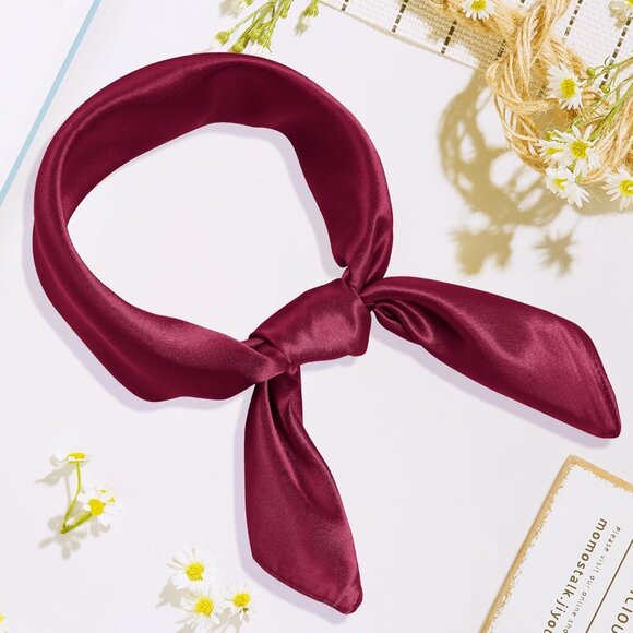 Women Wine Red Chiffon Square Ribbon Neck Scarf Satin Handkerchief For Halloween - Picture 7 of 7